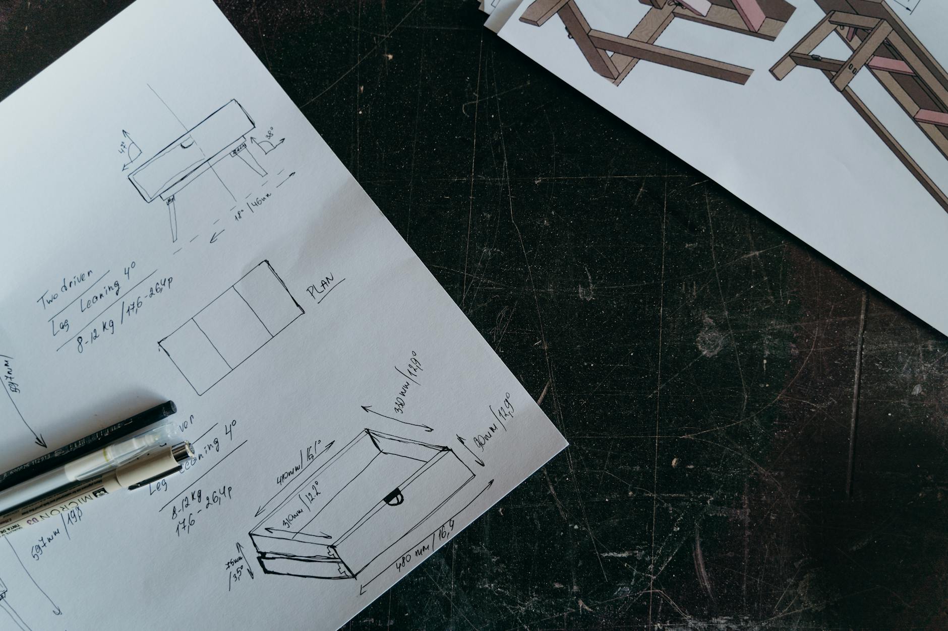 Set design process sketches and blueprints
