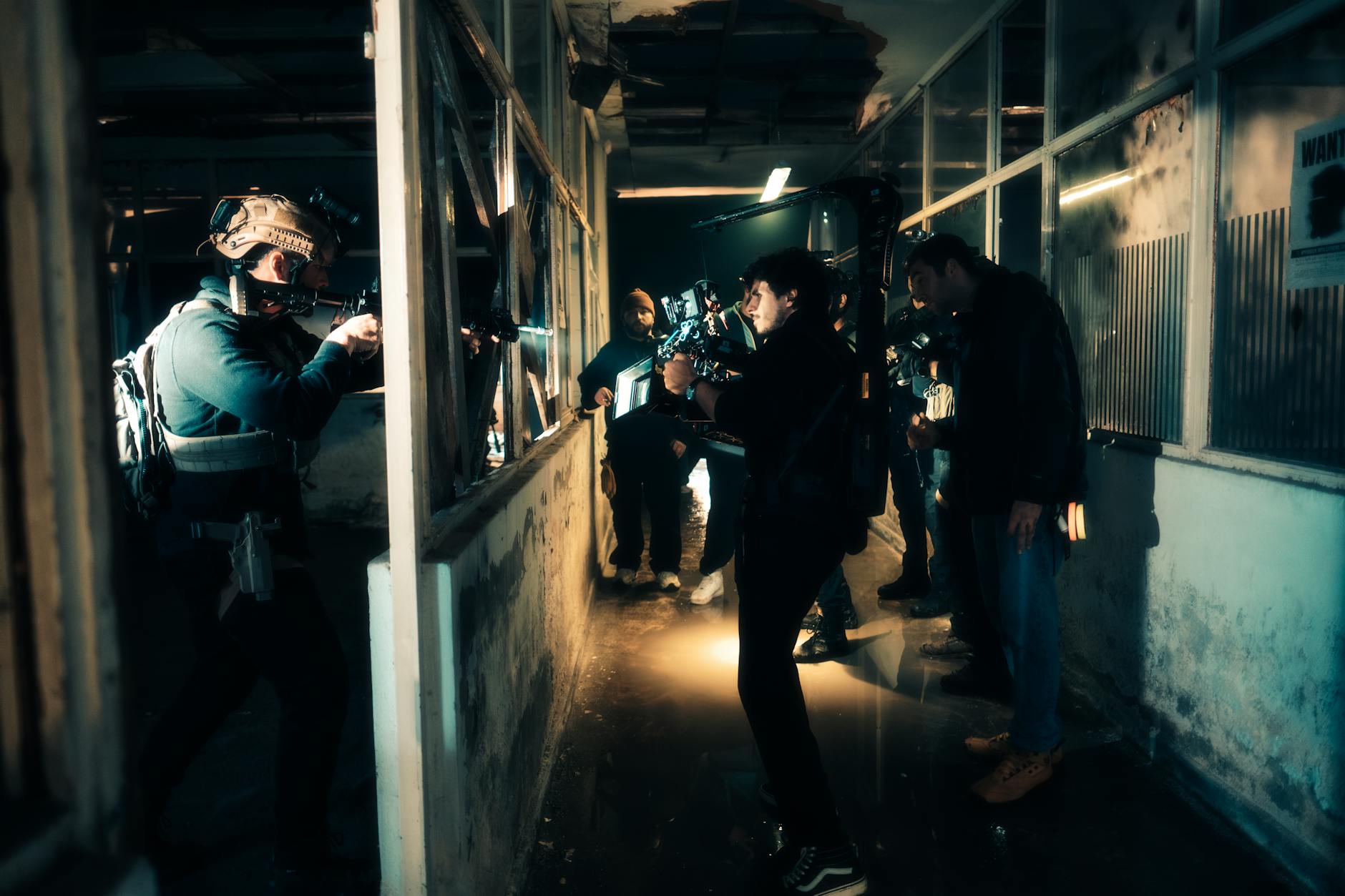 Intense cinematic action scene filming in warehouse