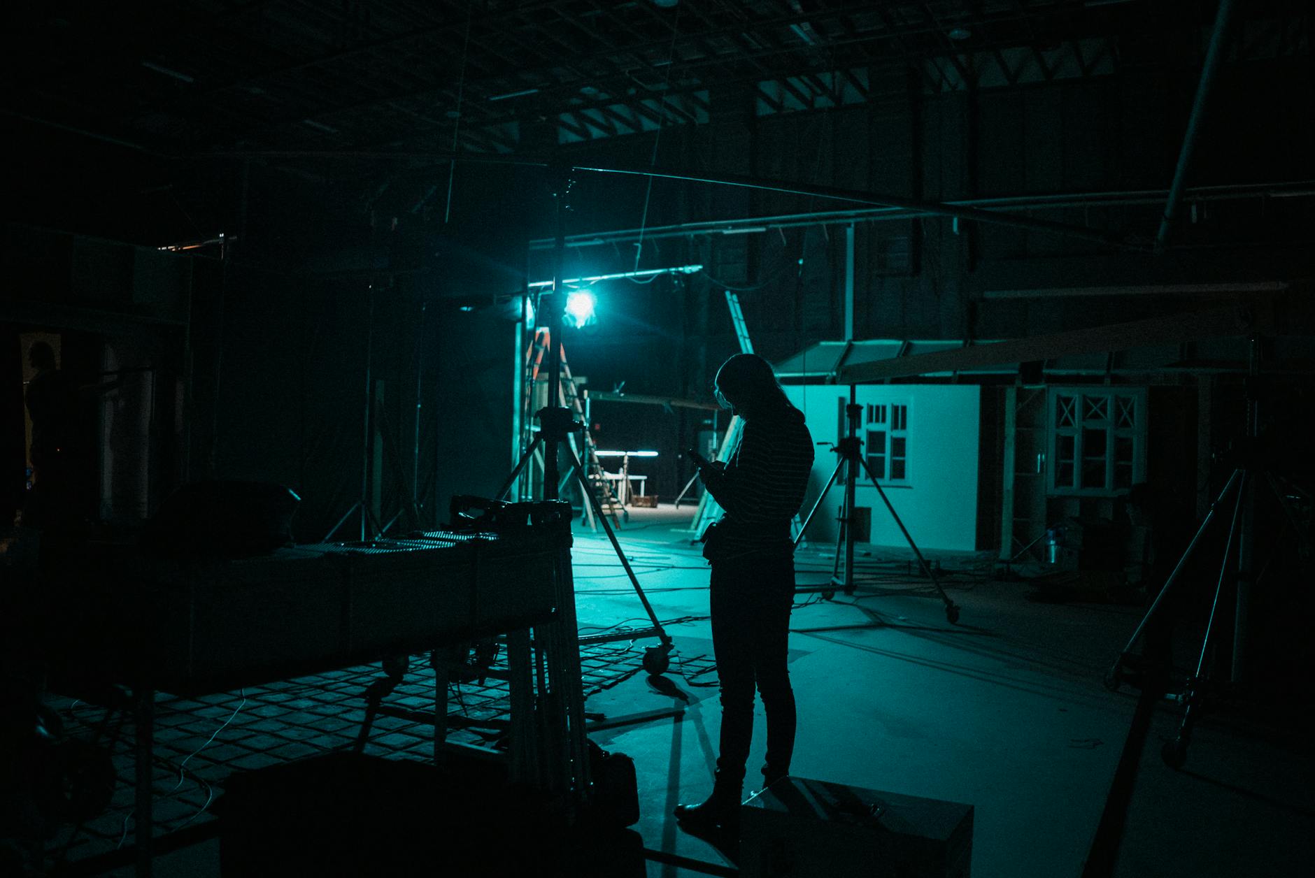 Cinematic film set with dramatic lighting