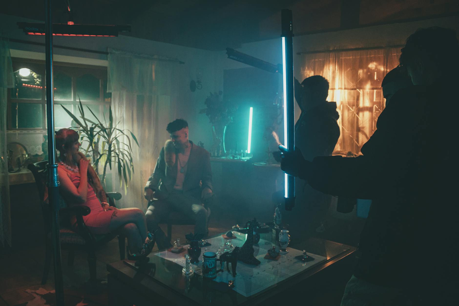 Cinematic neon-lit film set production