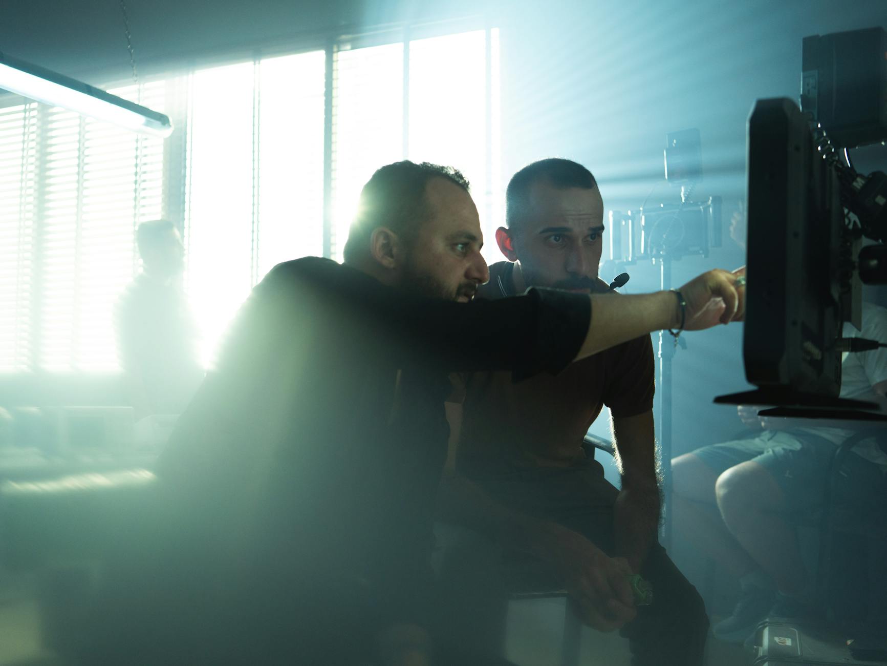 Film production team working on set